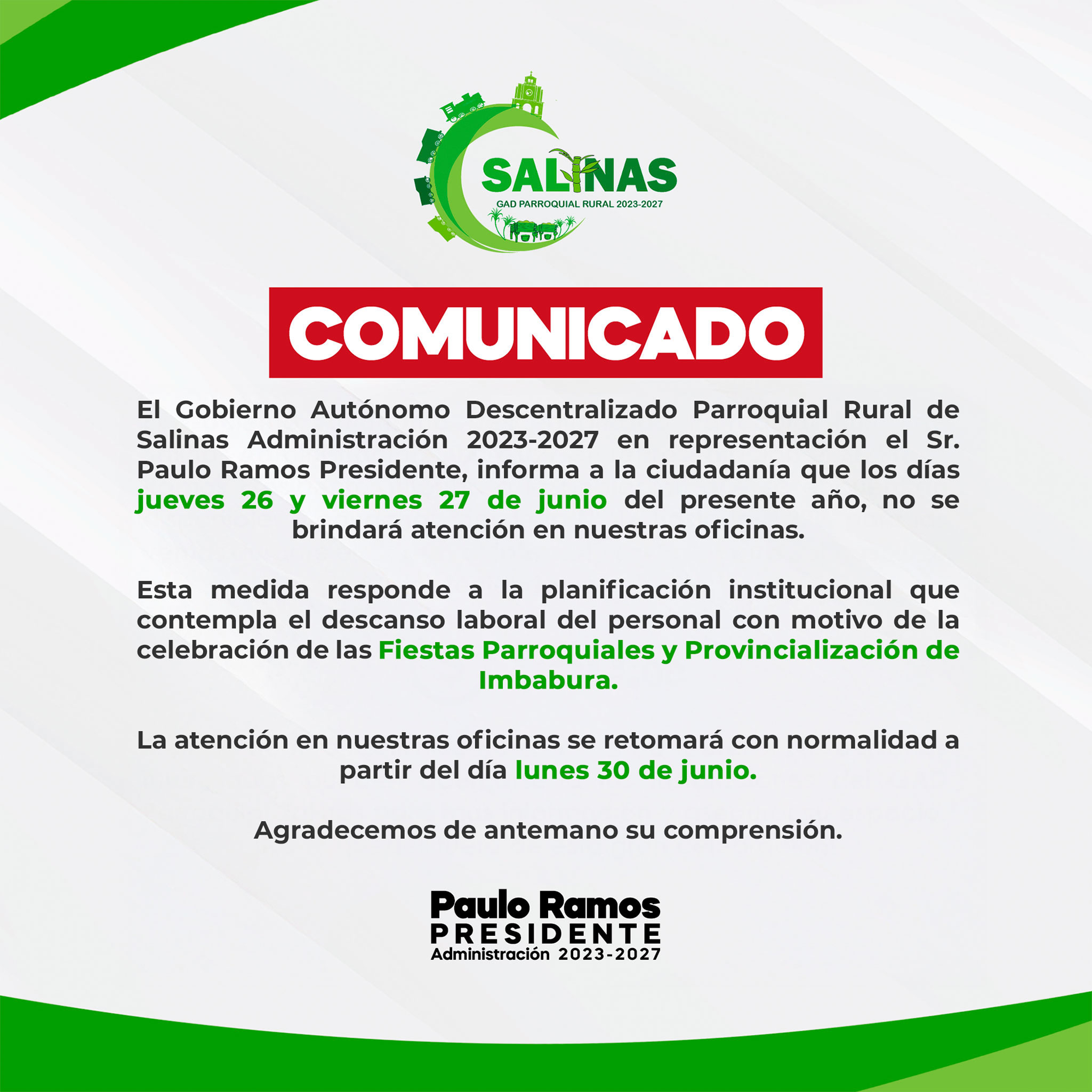 Comunicado - Atención en oficinas - 26 y 27 de junio 2025