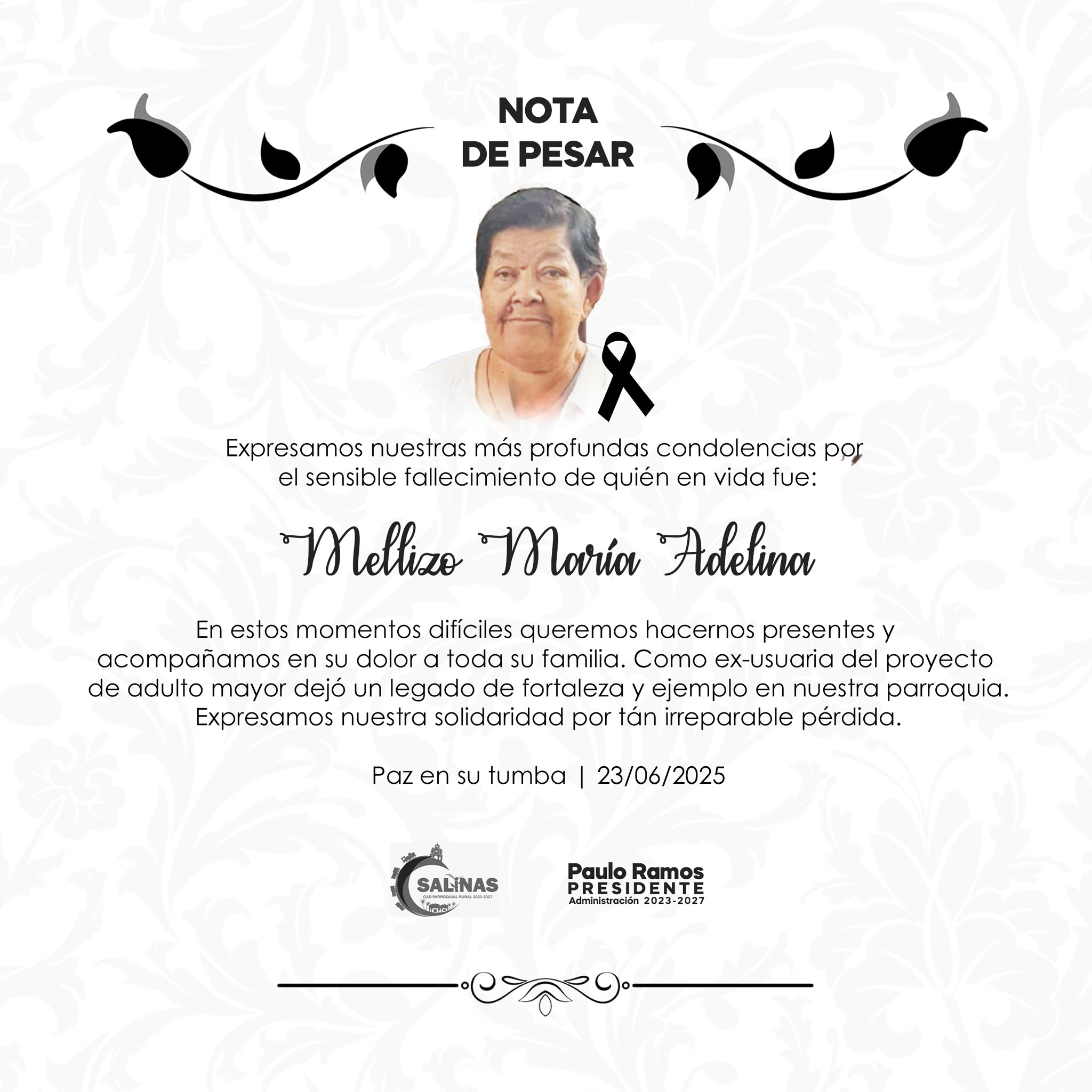 Nota de pesar - María Adelina Mellizo