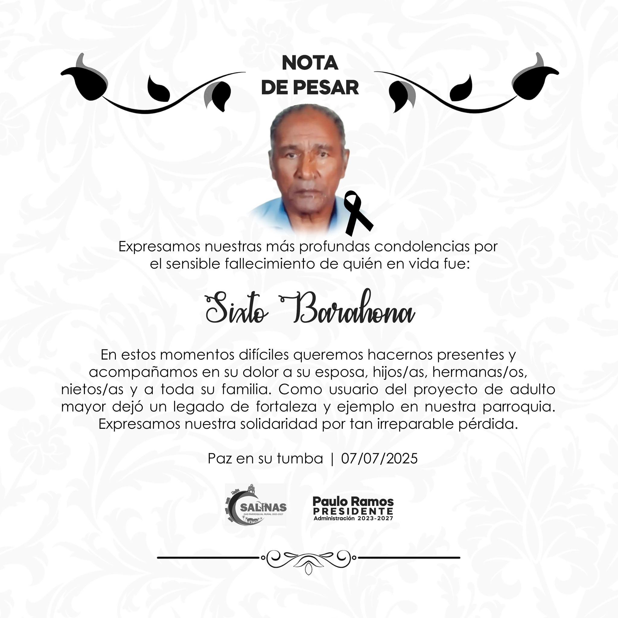 Nota de pesar - Sixto Barahona